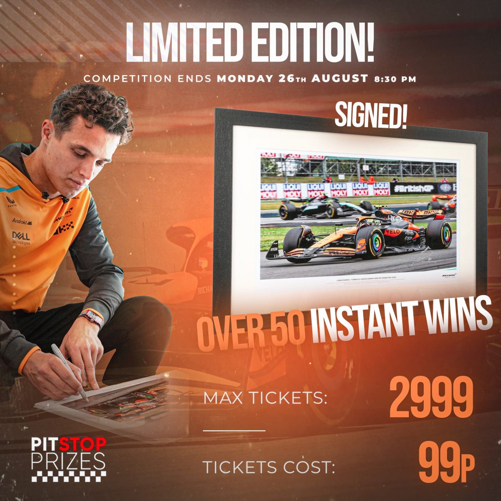LIMITED EDITION SIGNED LANDO NORRIS FRAMED PRINT! OVER 50 INSTANT WINS!