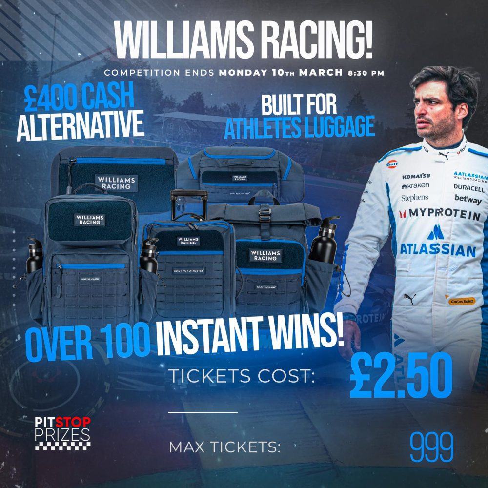 WILLIAMS RACING x BUILT FOR ATHLETES LUGGAGE! OR £400! OVER 100 INSTANT WINS!