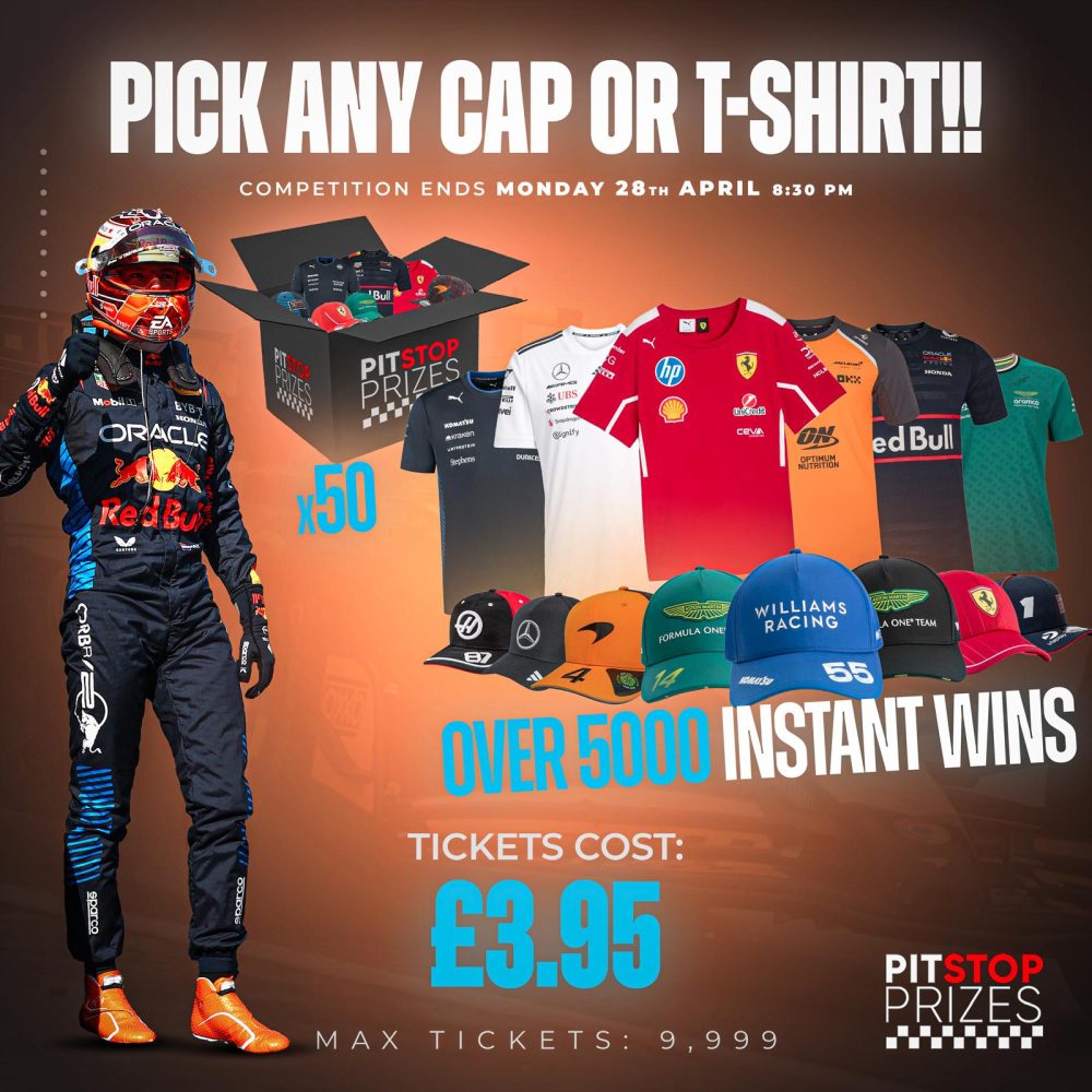 PICK ANY TEAM OR DRIVER T-SHIRT OR CAP COMP! PLUS 50+ MYSTERY BOXES & OVER 5000 INSTANT WINS!!