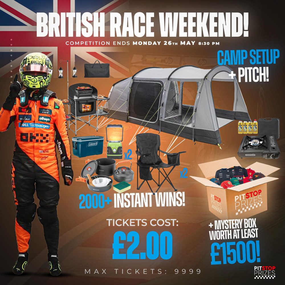 BRITISH RACE WEEKEND PACKAGE + CAMP SETUP, GOLD MYSTERY BOX & PITCH! 2000+ INSTANT WINS!!