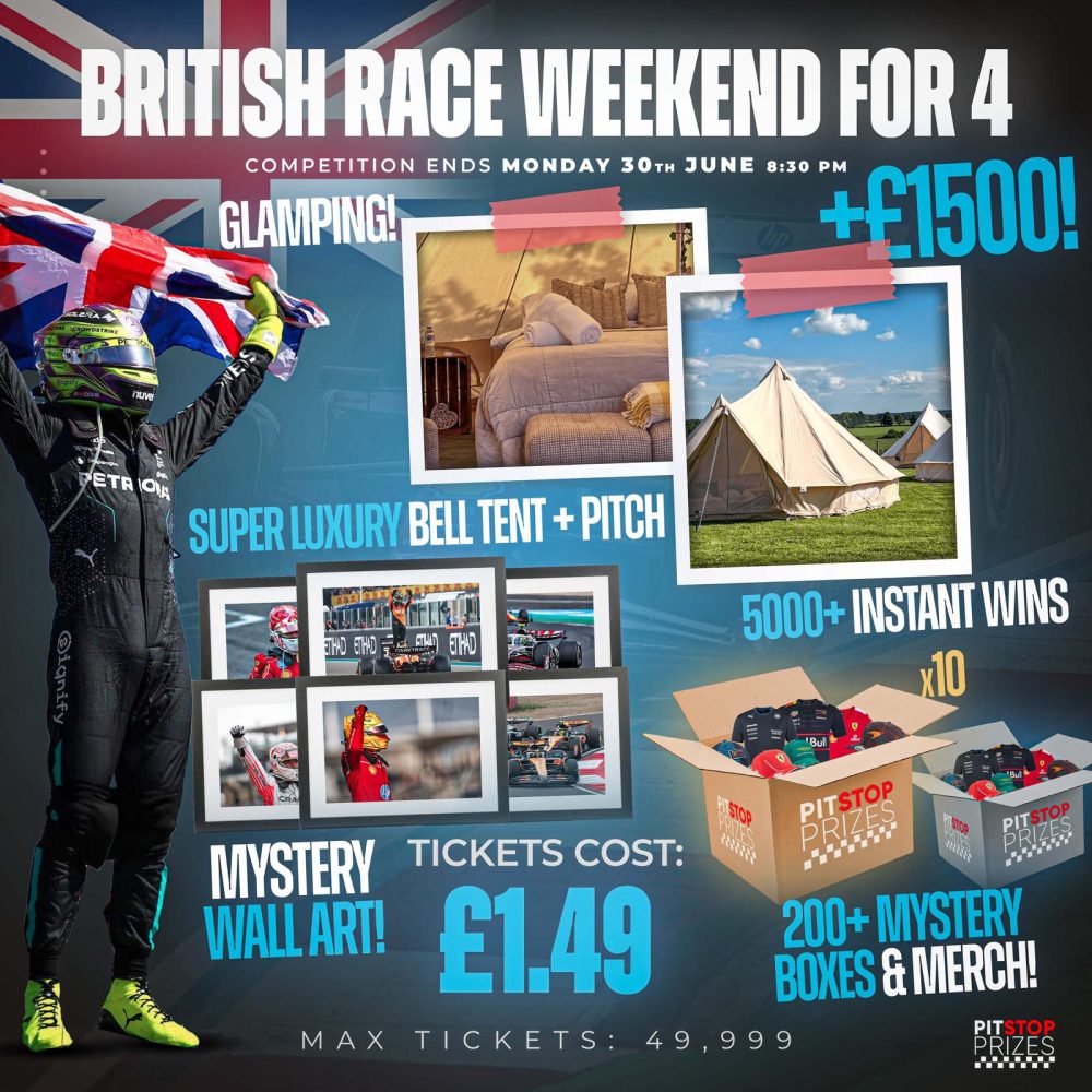 BRITISH RACE WEEKEND FOR 4, LUXURY GLAMPING + £1500! 5000+ INSTANT WINS!