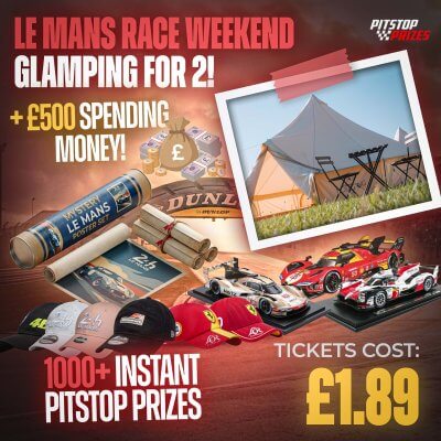 £1.89: LE MANS RACE WEEKEND GLAMPING FOR 2 + £500! 1000+ PITSTOP PRIZES!