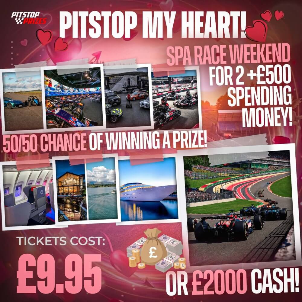 £9.95: PITSTOP MY HEART! SPA RACE WEEKEND PACKAGE FOR 2 + 50/50 CHANCE OF WINNING A PRIZE!