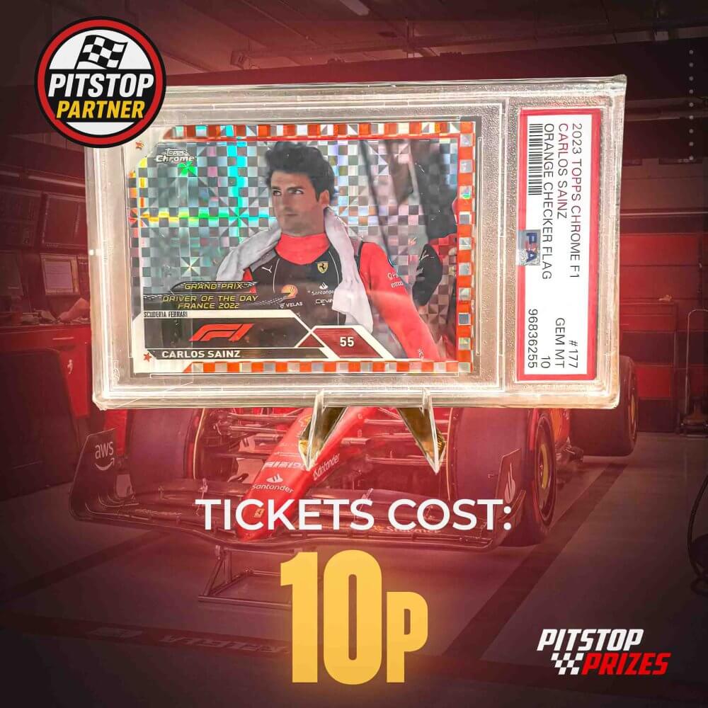 10p: 2023 Topps Chrome Carlos Sainz – Orange Checker Flag /25 – PSA 10!