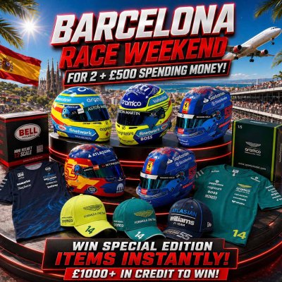 £3: BARCELONA RACE WEEKEND FOR 2 + £500 SPENDING MONEY! 1000+ INSTANT PRIZES!