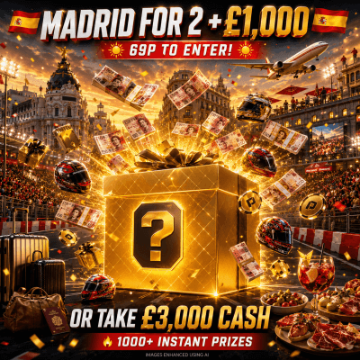 69p: MADRID RACE WEEKEND FOR 2 + £1000! 1000+ INSTANT PRIZES!