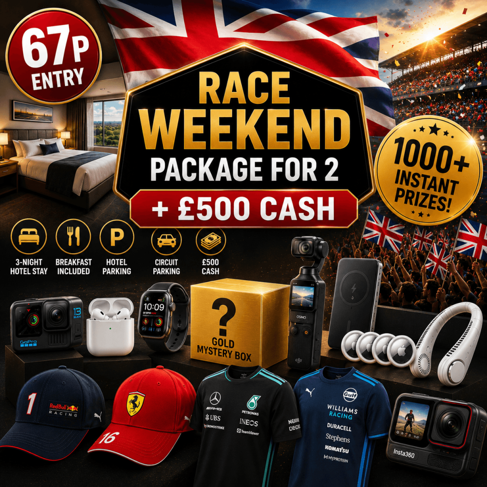 67P: BRITISH RACE WEEKEND PACKAGE FOR 2 + £500! 1000+ INSTANT PRIZES!