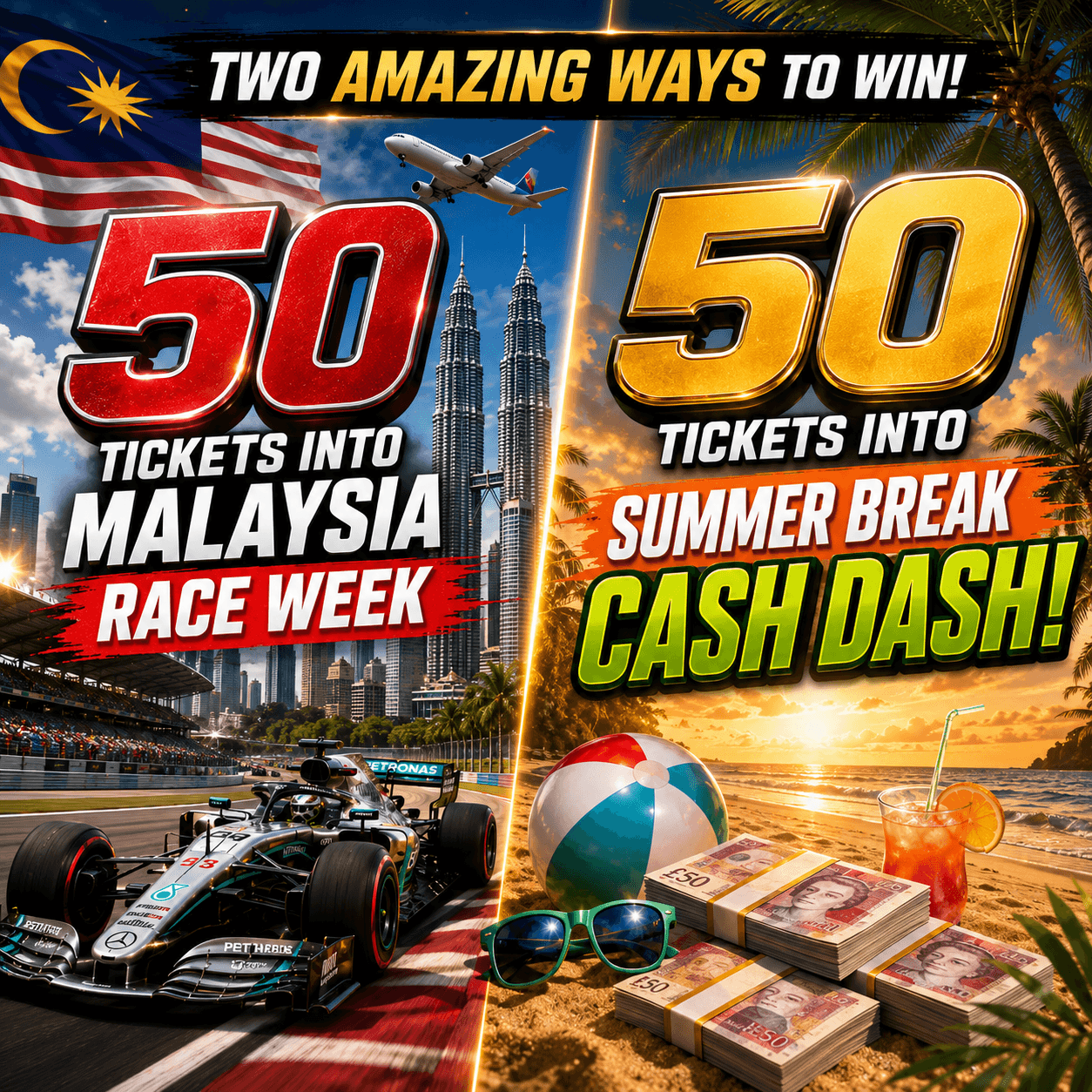 £2: 50 TICKETS INTO MALAYSIA RACE WEEK & CASH DASH!